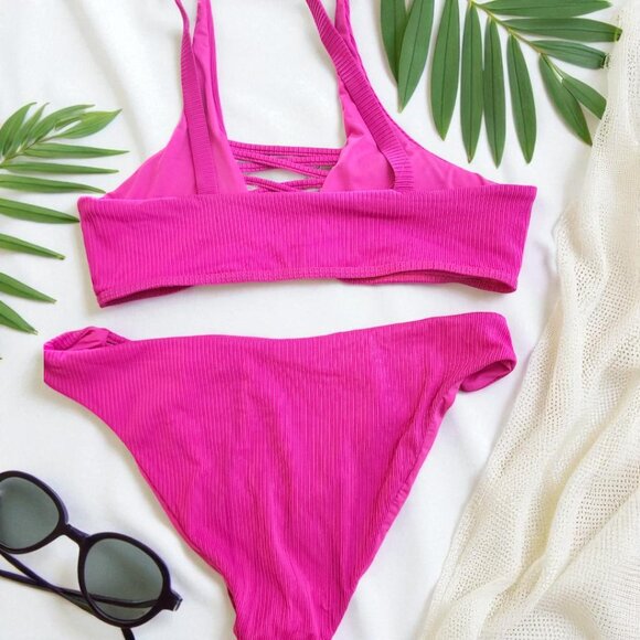 Hot Pink Strappy Bikini Set – Ribbed Texture | S/M Fit | No Tag - Picture 3 of 5